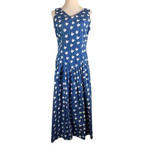 Y2K Nautical Cotton Dress Resort Drop Waist Fish Coastal Bows Pleated A Line 11